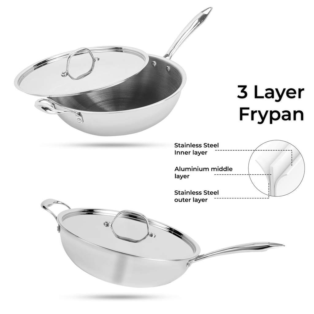 30cm Triply Stainless Steel Wok Pan With Lid Original Garansi Bahan Triply Stainless Steel